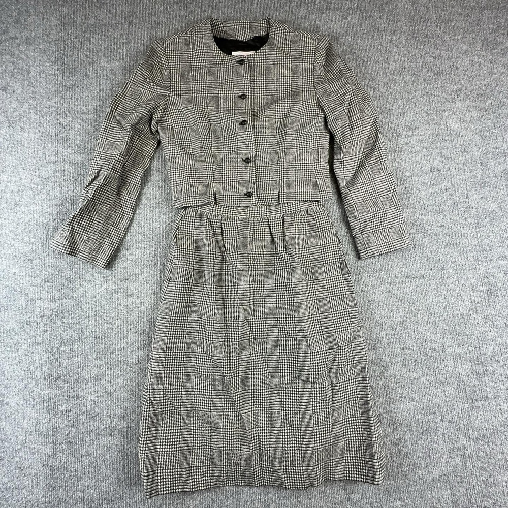 Vintage Pendleton Skirt Suit Set Womens Petite Gray Wool Houndstooth 2 Piece USA